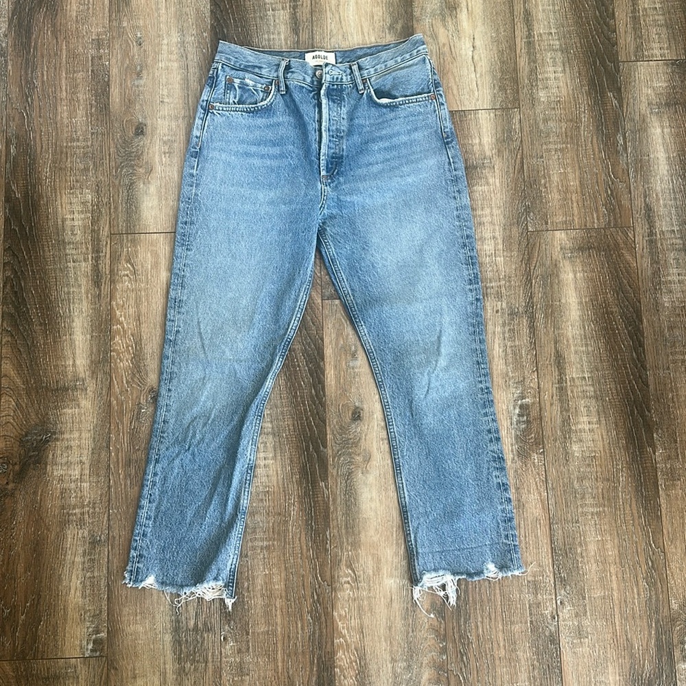 AGOLDE Riley Frayed-Hem Straight Crop Jeans Size 28, blue N59